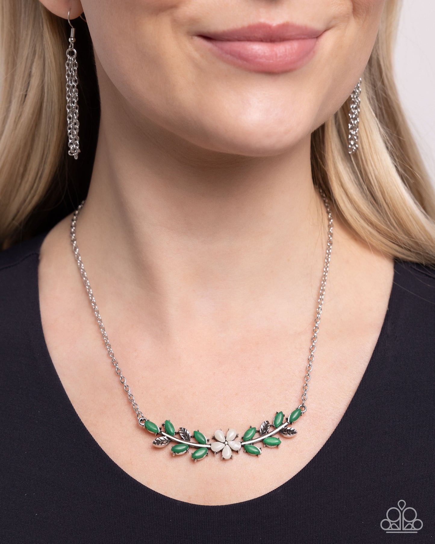 Leafy Layover - White Bead Flower/Green Bead Leaves Paparazzi Necklace & matching earrings