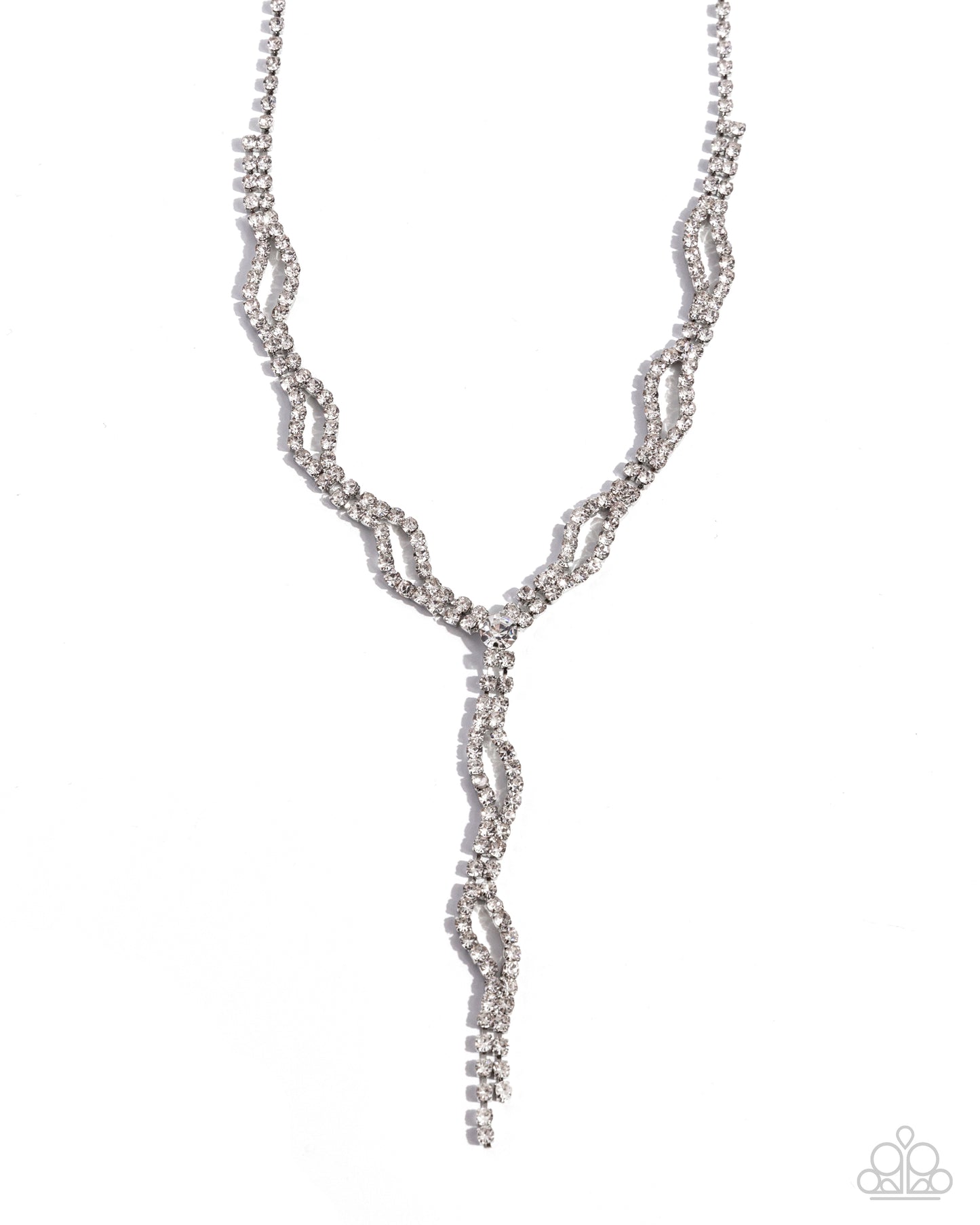 Decadent Dedication - White Rhinestone Embellished Crisscrossed Strand Necklace & matching earrings