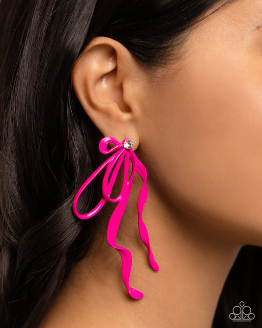 Trendy Tapestry - Pink Loopy Bow & White Gem Paparazzi Earrings