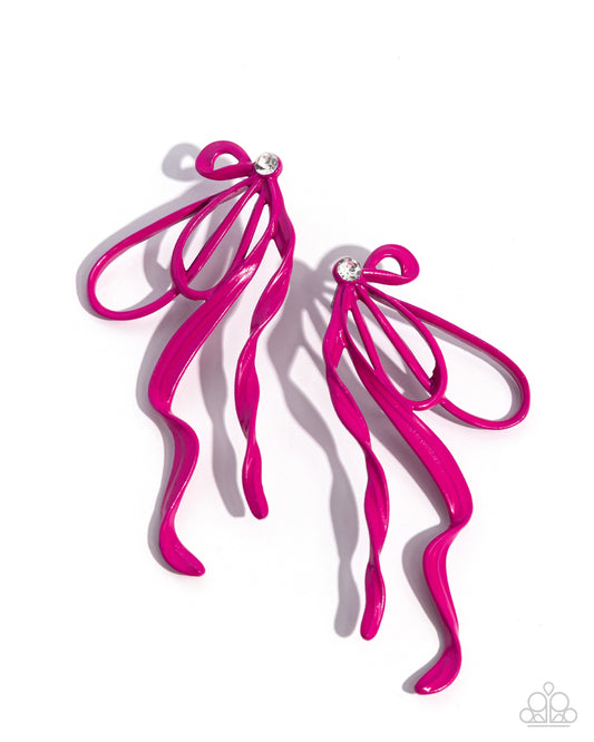 Trendy Tapestry - Pink Loopy Bow & White Gem Paparazzi Earrings