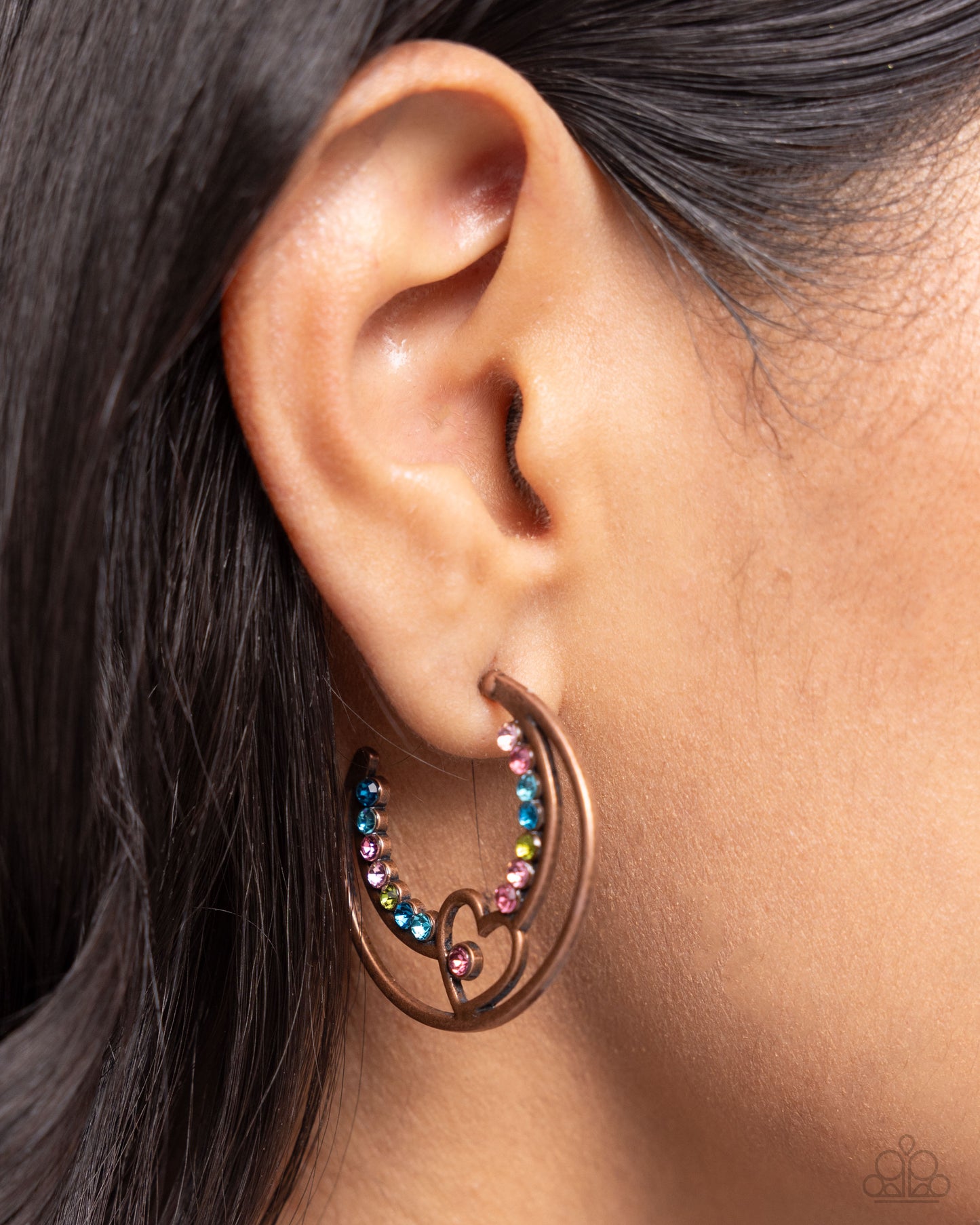 Sympathetic Sweetheart - Copper Wire Hoop & Multicolored Rhinestones Paparazzi Earrings