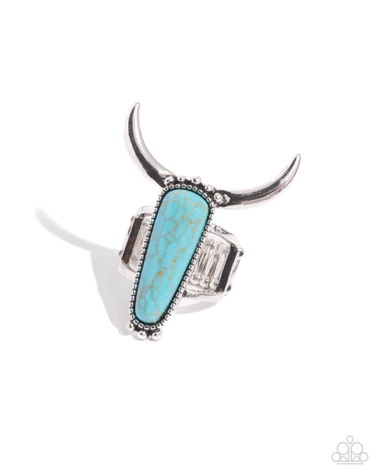 Longhorn Luxe - Blue/Turquoise Stone & Longhorn Skull-Inspired Frame Paparazzi Ring