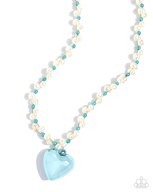 Mermaid Model - Blue Metallic Heart Pendant/White Pearls Paparazzi Necklace & matching earrings