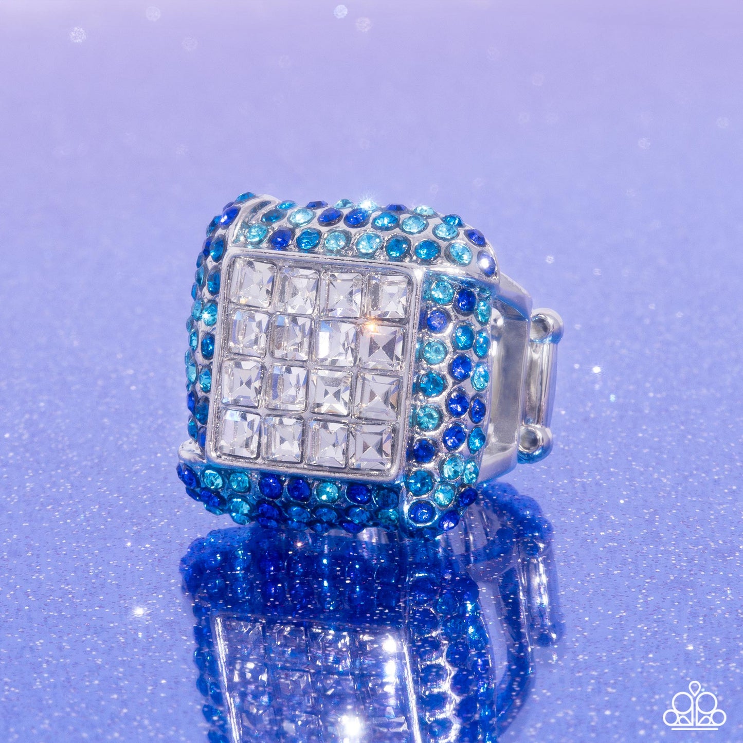 Medium SQUARE - Blue Multicolored Rhinestones & White Gem Paparazzi Square Ring