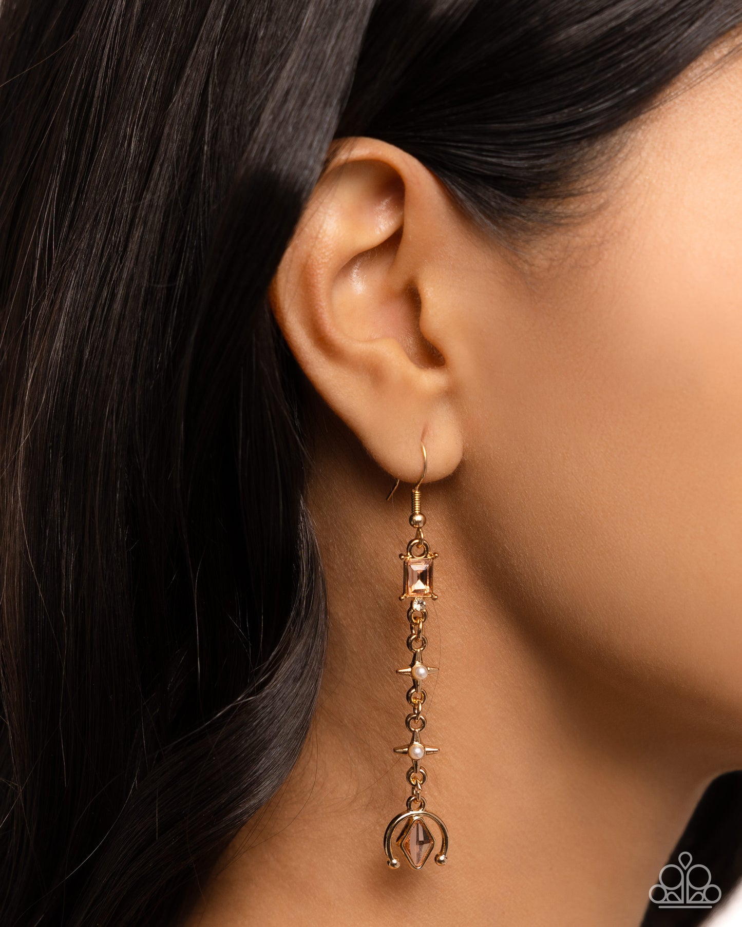Trendy Trimming - Gold Various Fittings, Peach Gems, White Gems, & White Pearls Paparazzi Earrings
