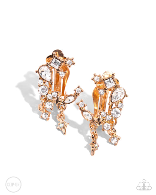 Fantastical Fashion - Gold & White Rhinestone Crescent Moon Paparazzi CLIP-ON Earrings