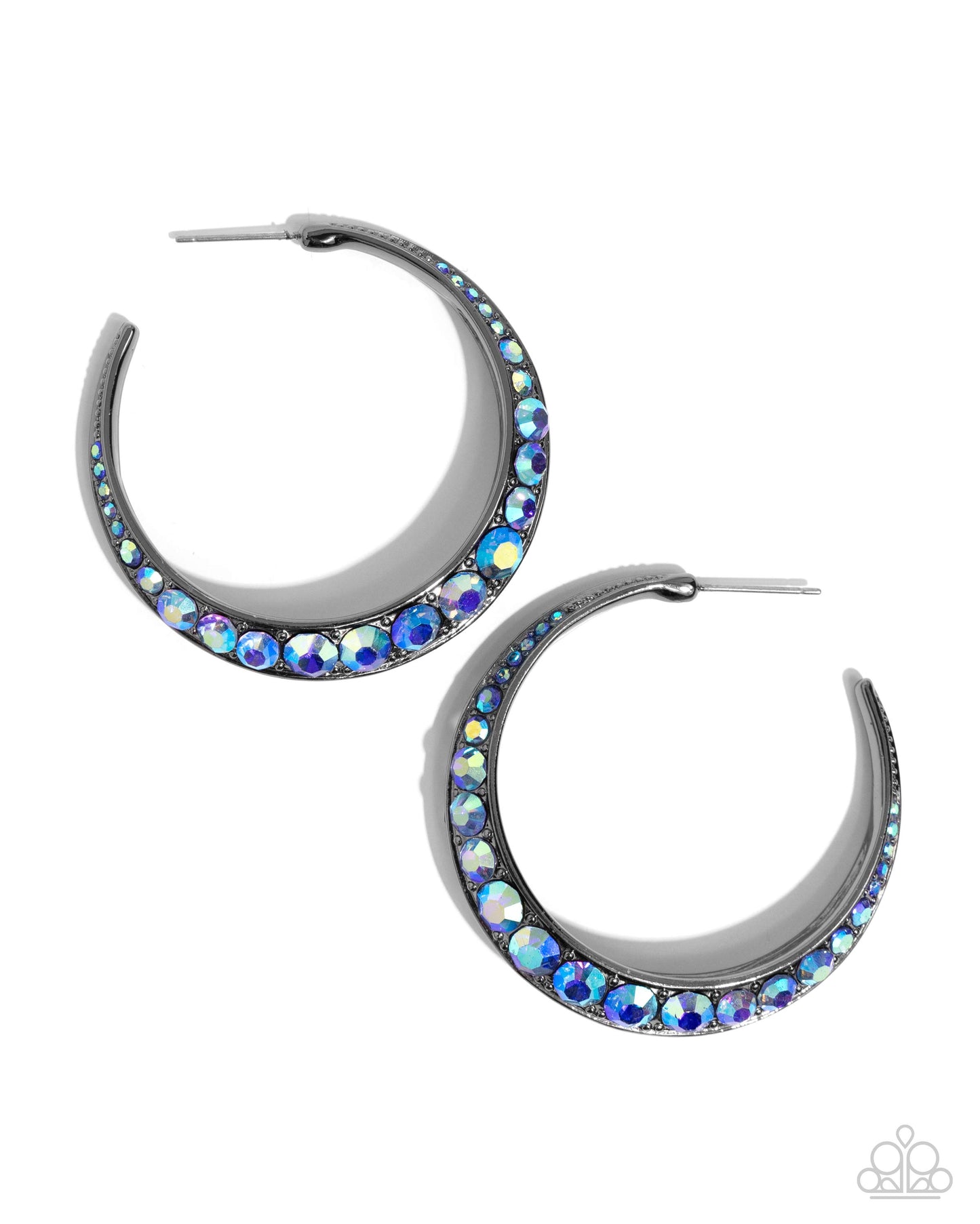 Embedded Edge - Blue Iridescent Rhinestone Encrusted Gunmetal Paparazzi Hoop Earrings