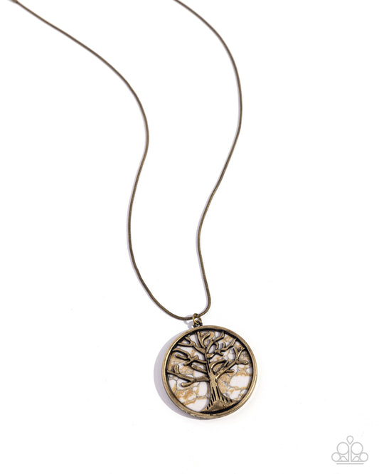 Tree Talisman - Brass Tree/White Stone Pendant Paparazzi Necklace & matching earrings