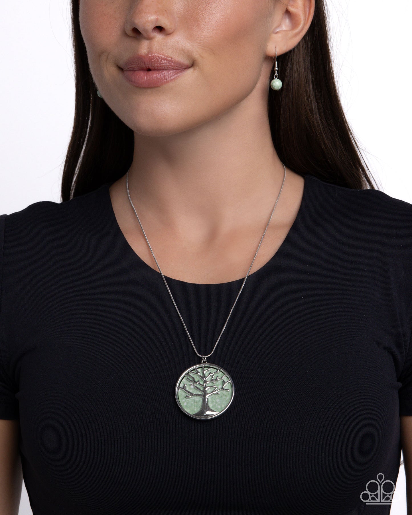 Tree Talisman - Green Stone/Silver Tree Pendant Paparazzi Necklace & matching earrings