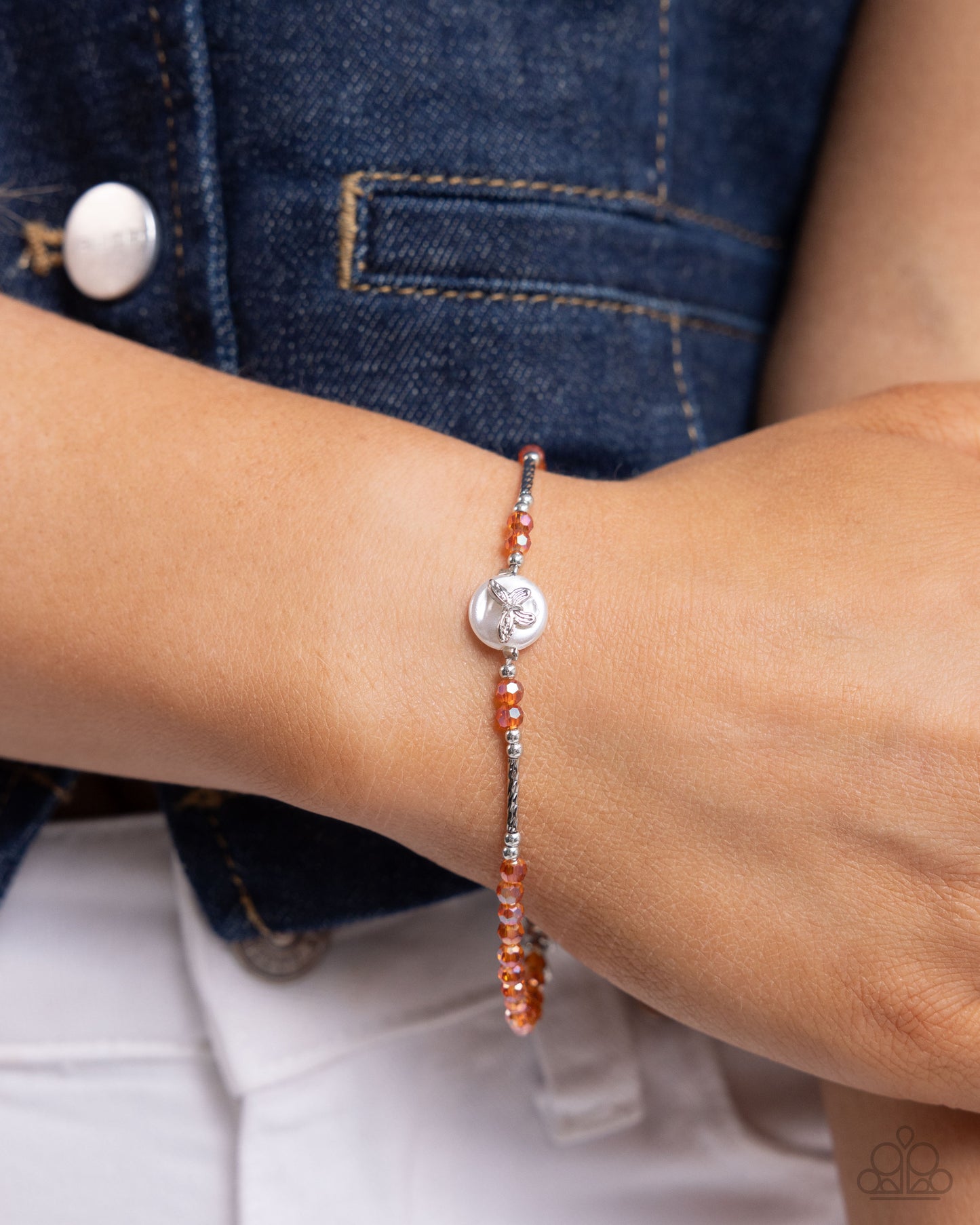 Aerial Actress - Orange Faceted Beads & Silver Butterfly Paparazzi Adjustable Bracelet