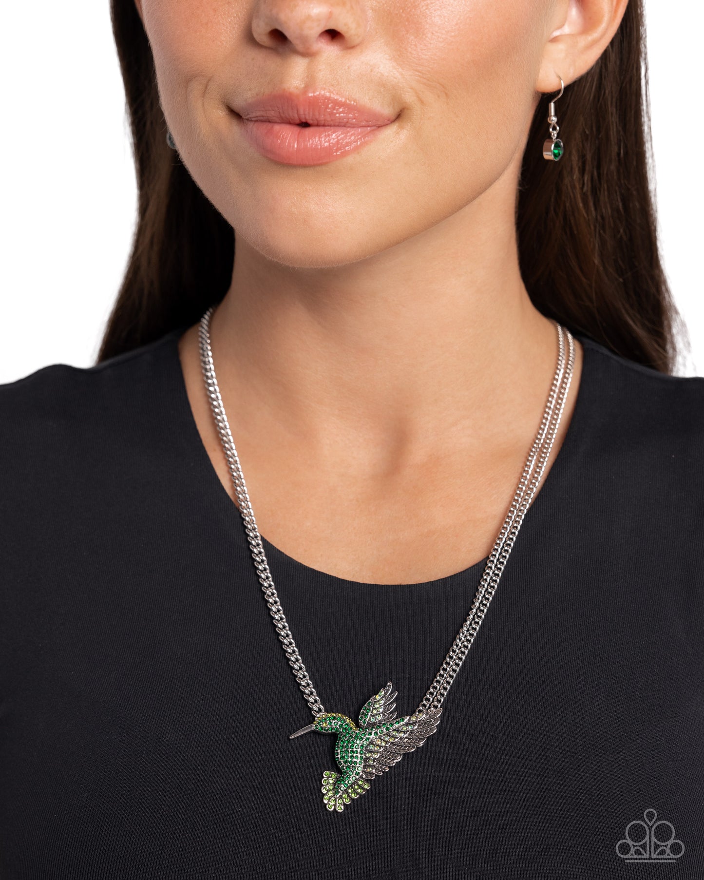 Hummingbird Headline - Green/Green Iridescent Rhinestone Hummingbird Paparazzi Necklace & matching earrings