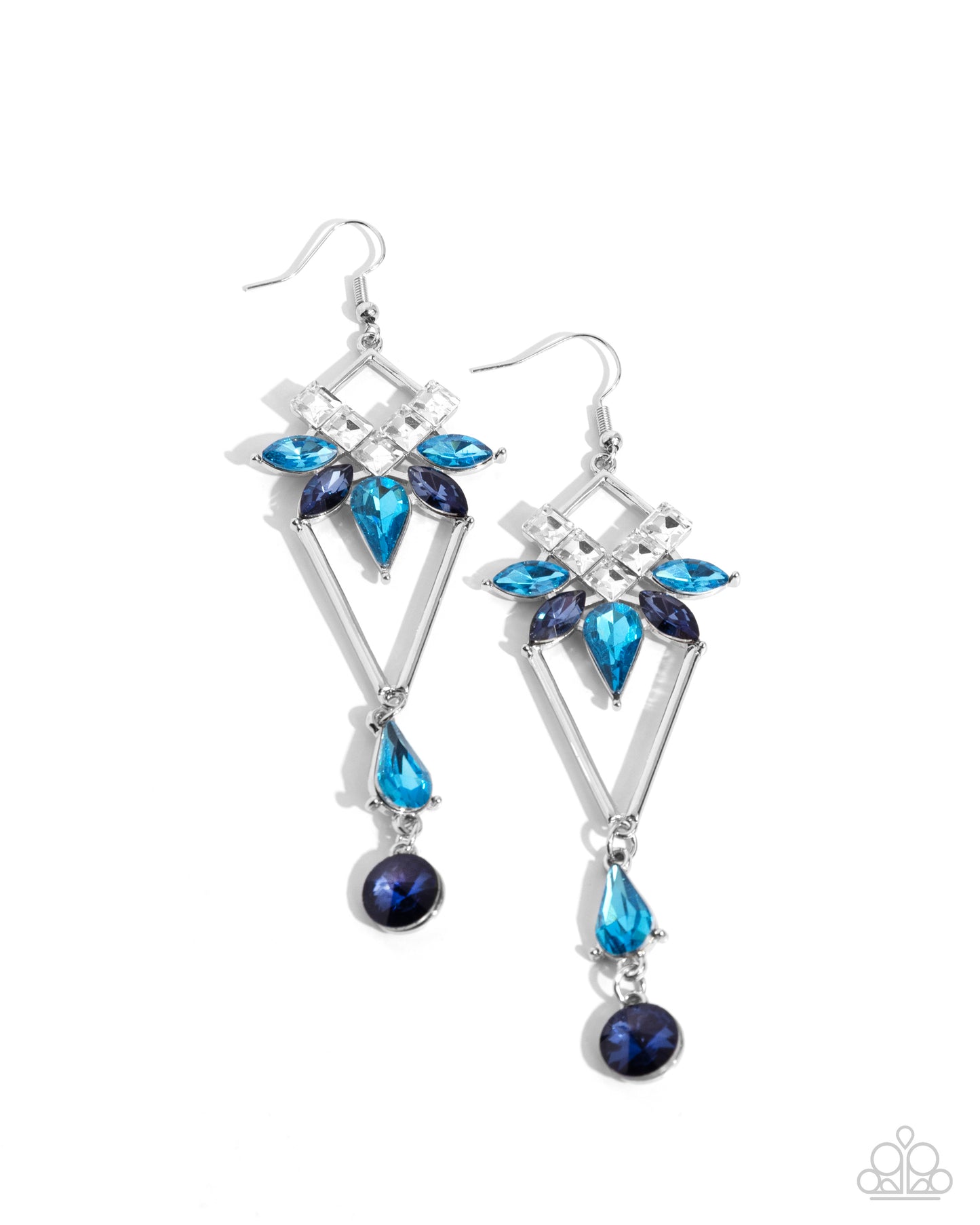 Shoulder-Dusting Shimmer - Blue Gems, White Gems, & Silver V Shaped Paparazzi Earrings