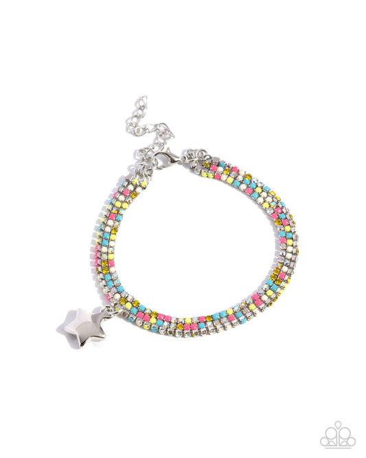 Stellar Savvy - Yellow & Multicolored Rhinestones/Silver Star Charm Paparazzi Bracelet