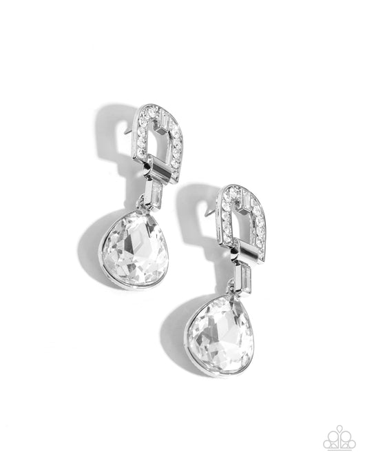 In ARCHING Order - White Emerald-Cut Gem & White Rhinestones Paparazzi Earrings