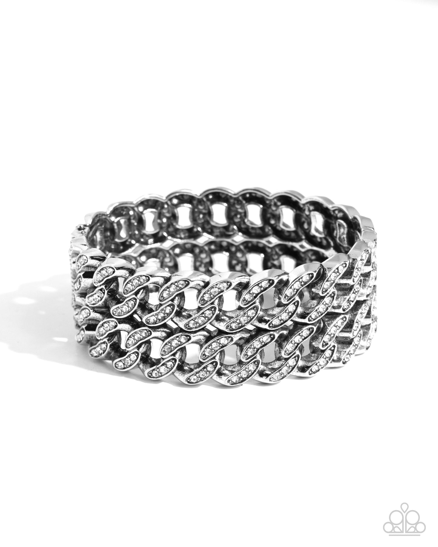 Braided Bandit - White Rhinestone Embellished Curb Chain Paparazzi Hinge Bracelet