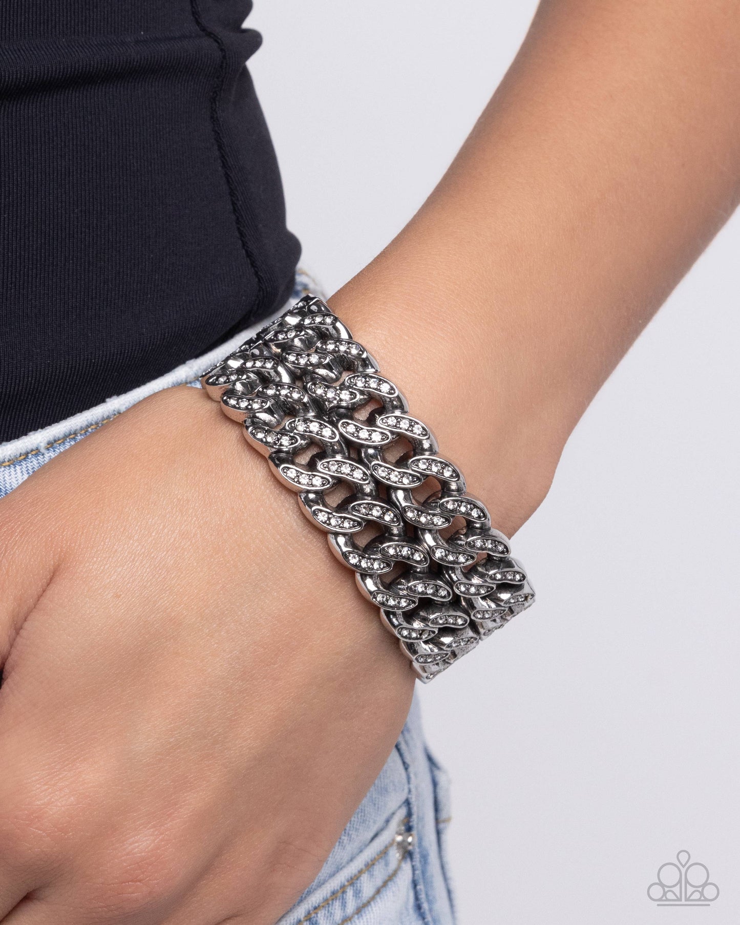 Braided Bandit - White Rhinestone Embellished Curb Chain Paparazzi Hinge Bracelet