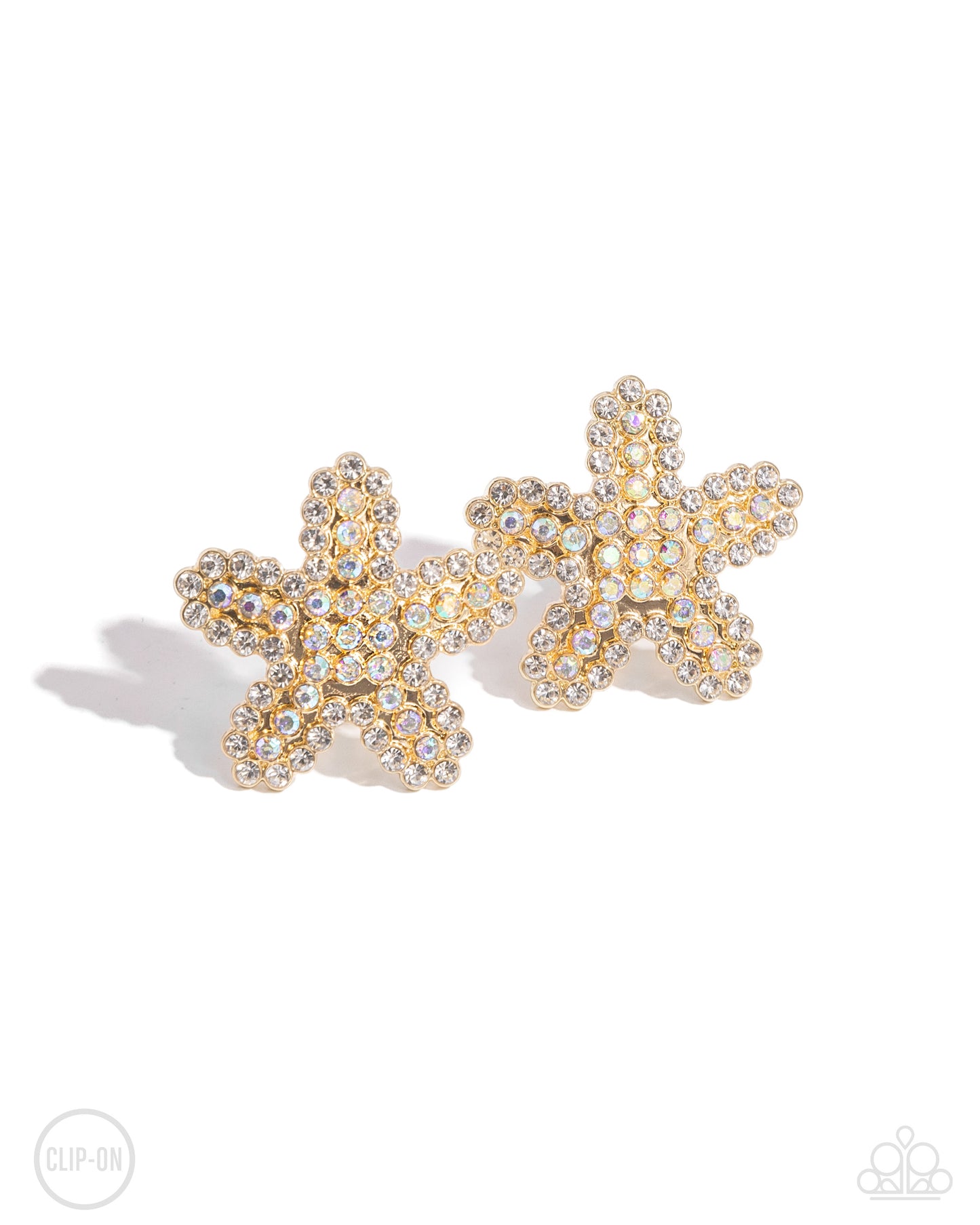 Starfish Serenade - Gold Starfish/White & Iridescent Rhinestone Paparazzi CLIP-ON Earrings