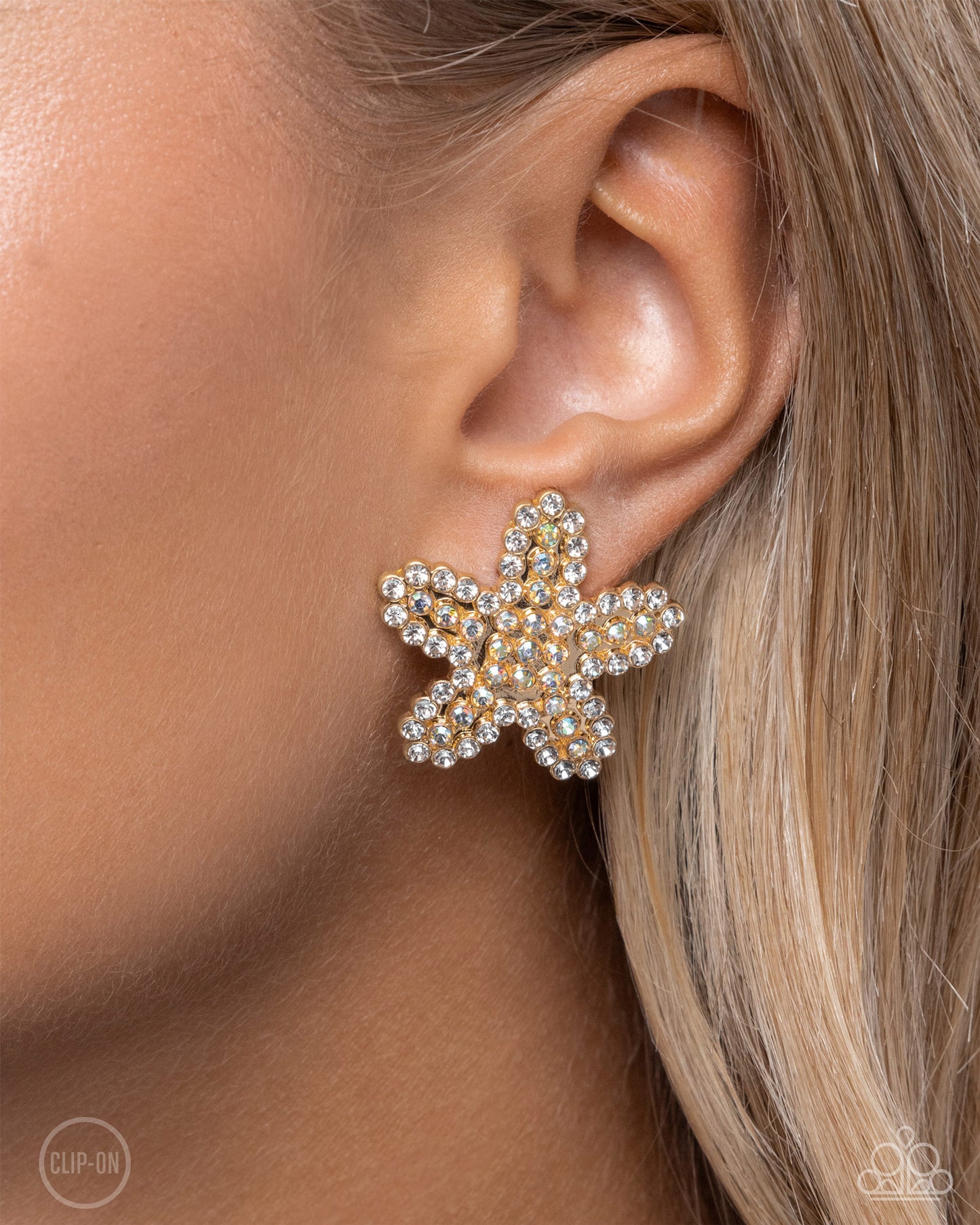 Starfish Serenade - Gold Starfish/White & Iridescent Rhinestone Paparazzi CLIP-ON Earrings