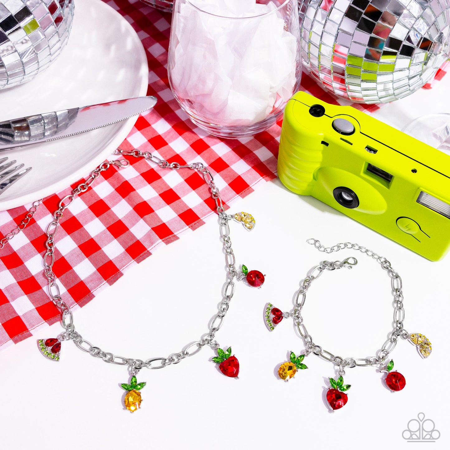 Fruity Fusion - Multicolored Rhinestone Fruit Charms Paparazzi Necklace & matching earrings