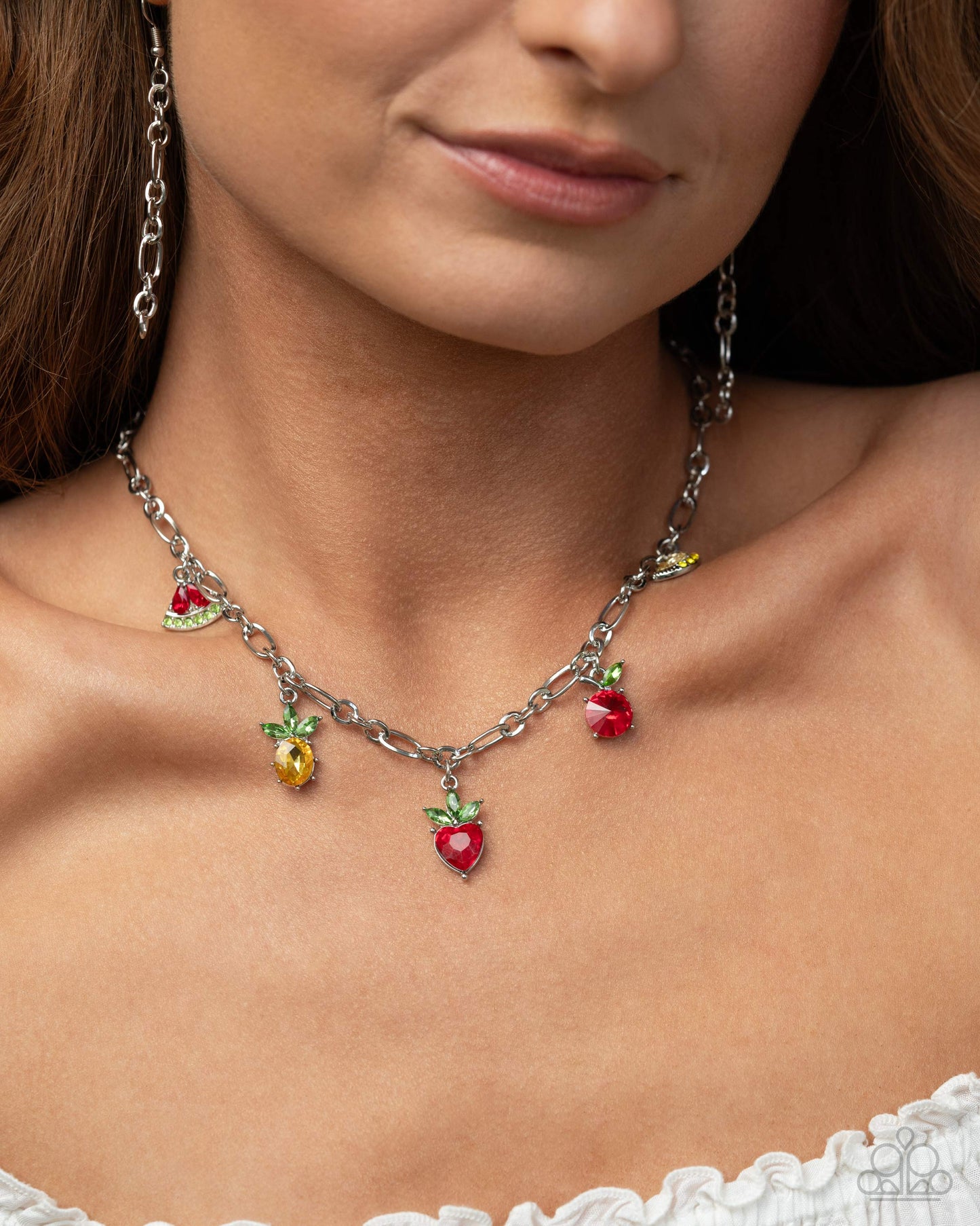 Fruity Fusion - Multicolored Rhinestone Fruit Charms Paparazzi Necklace & matching earrings