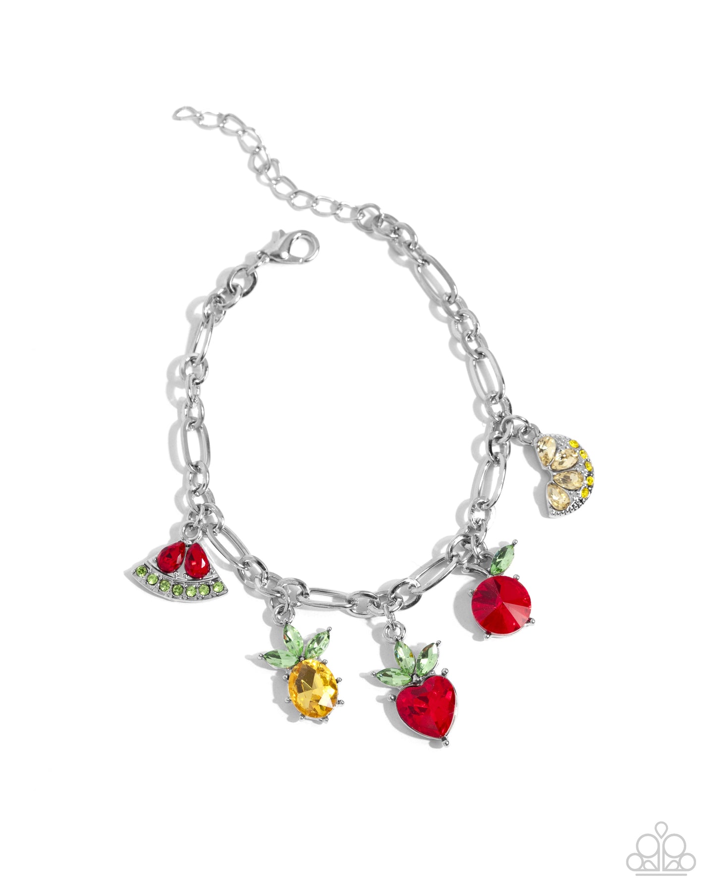 Fruity Feature - Multicolored Rhinestone Fruit Charms Paparazzi Adjustable Bracelet