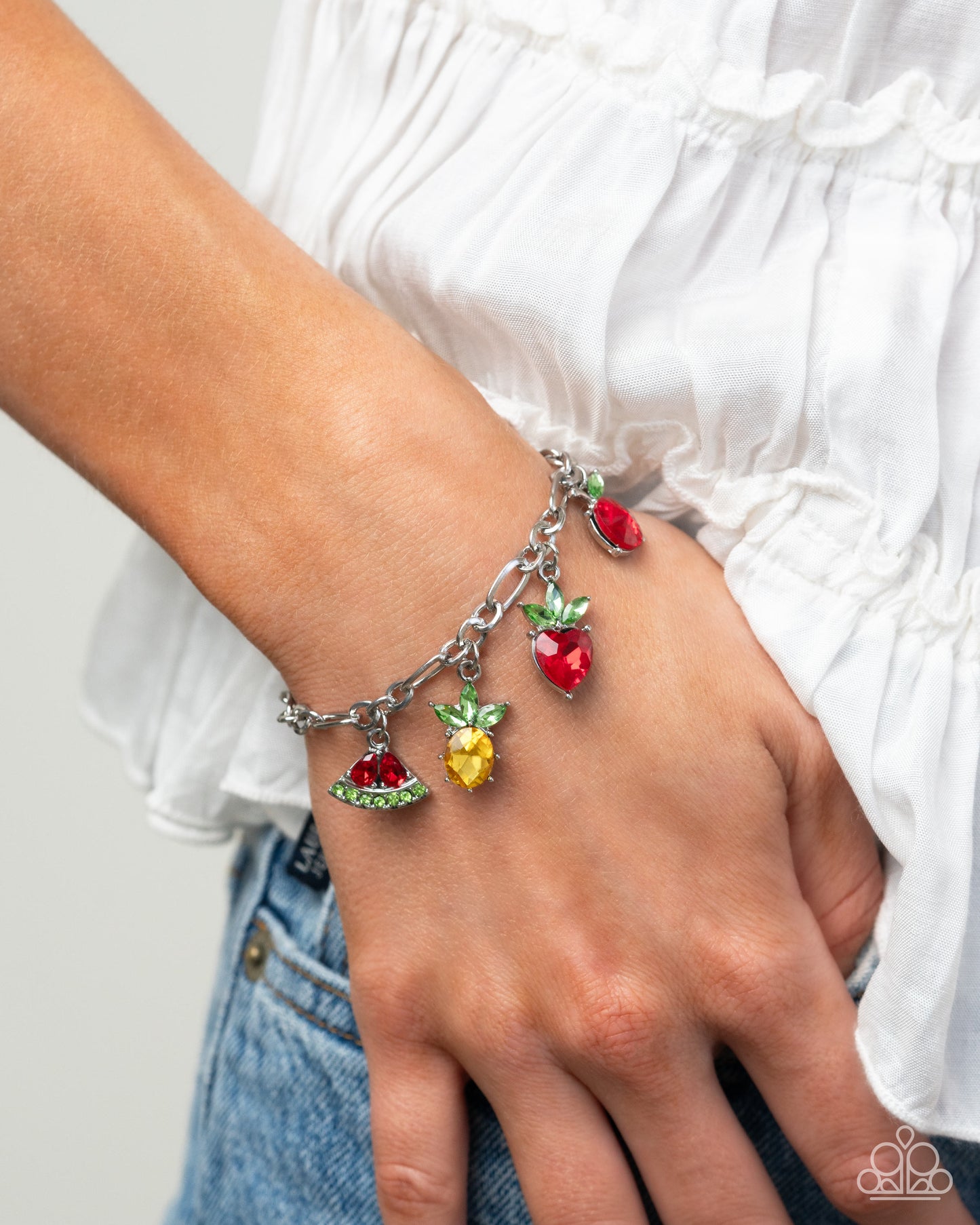 Fruity Feature - Multicolored Rhinestone Fruit Charms Paparazzi Adjustable Bracelet