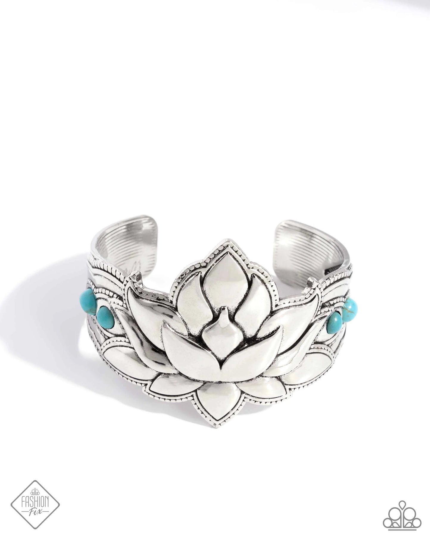 Desert Drill - Blue/Turquoise Stones & Silver Lotus Flower Paparazzi Cuff Bracelet