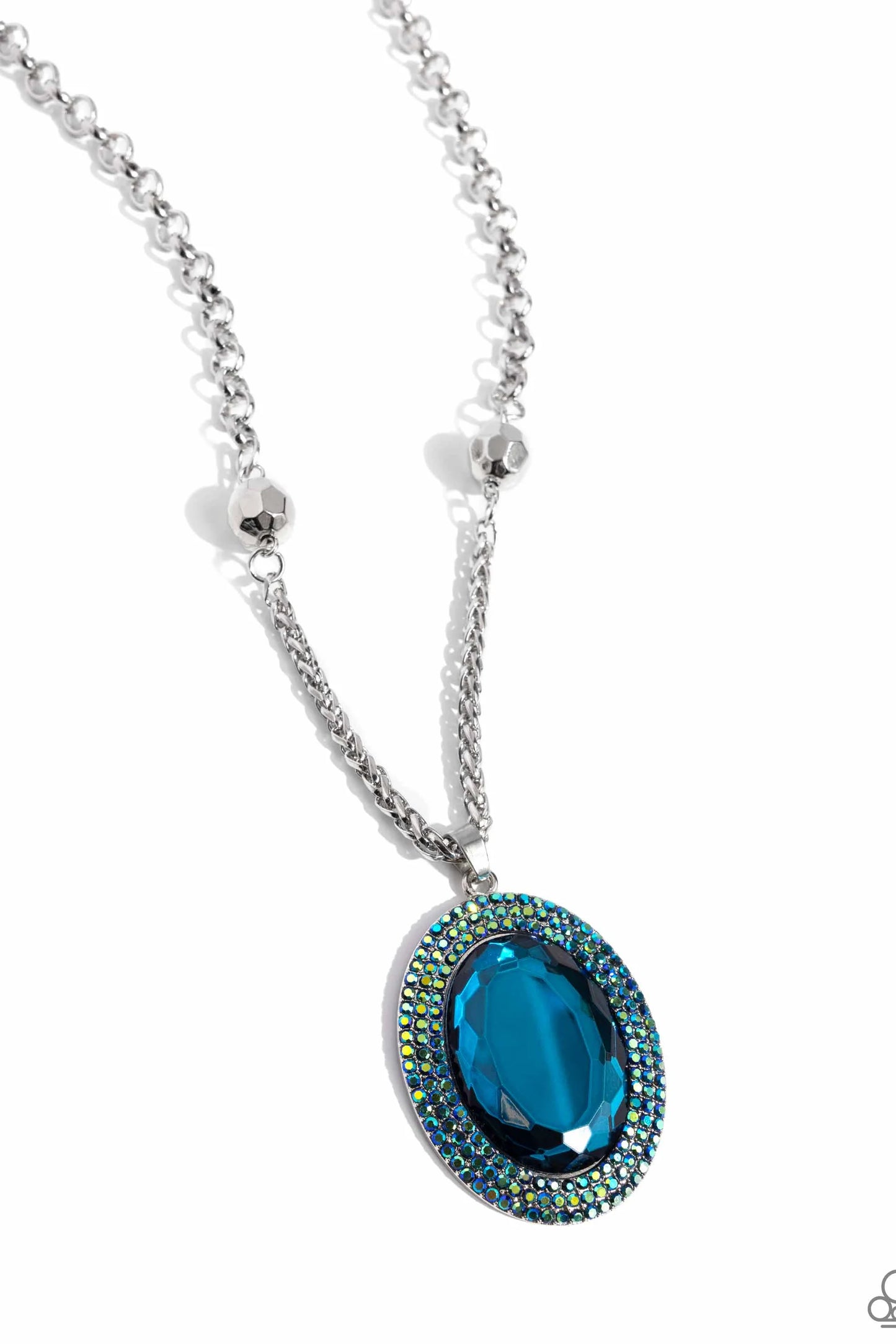 Manufactured Majesty - Blue Oversized Bead/Blue Iridescent Rhinestone Pendant Paparazzi Necklace & matching earrings