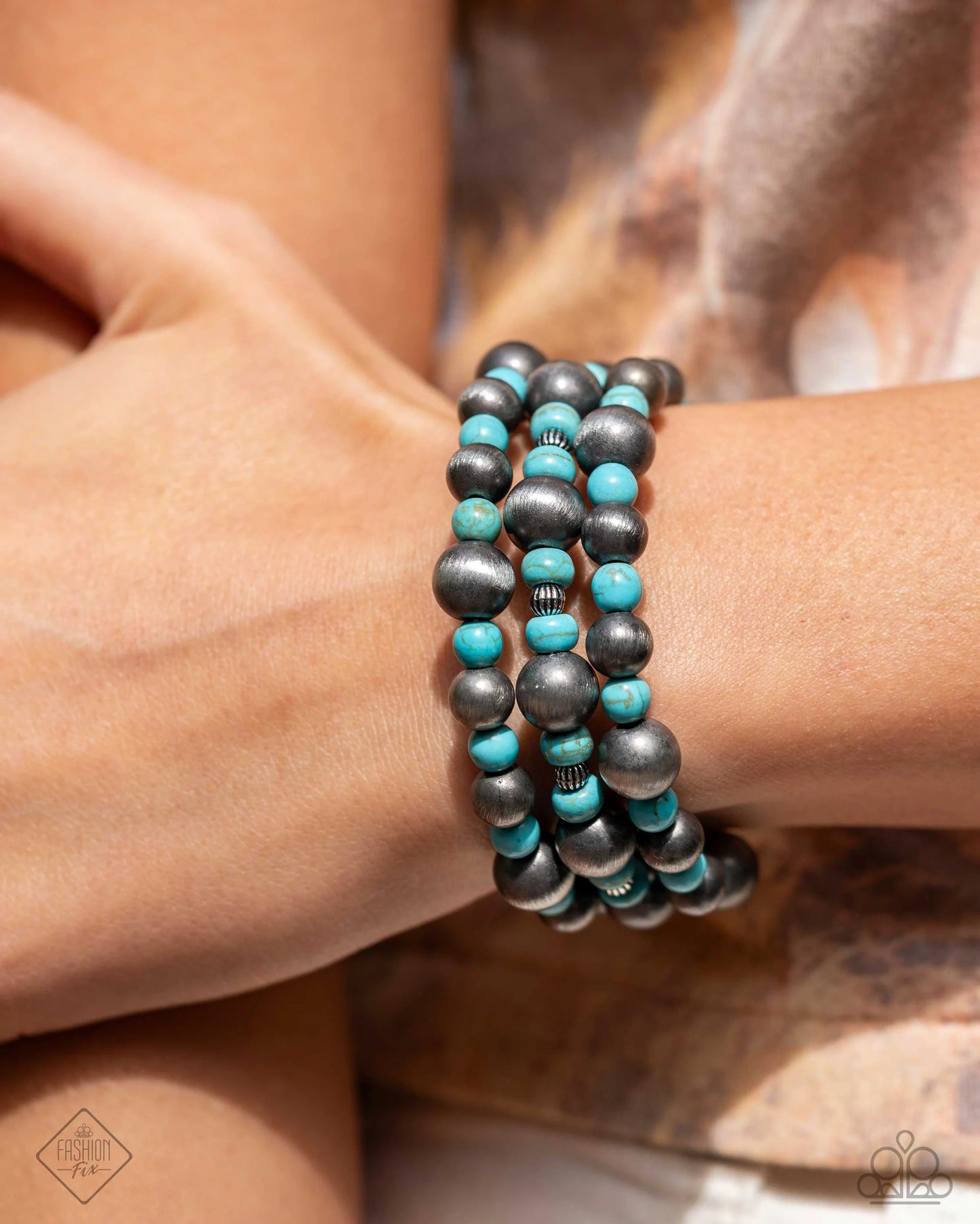 Desert Demand - Blue Beads, Navajo Pearls, & Silver Beaded paparazzi Coil Bracelet