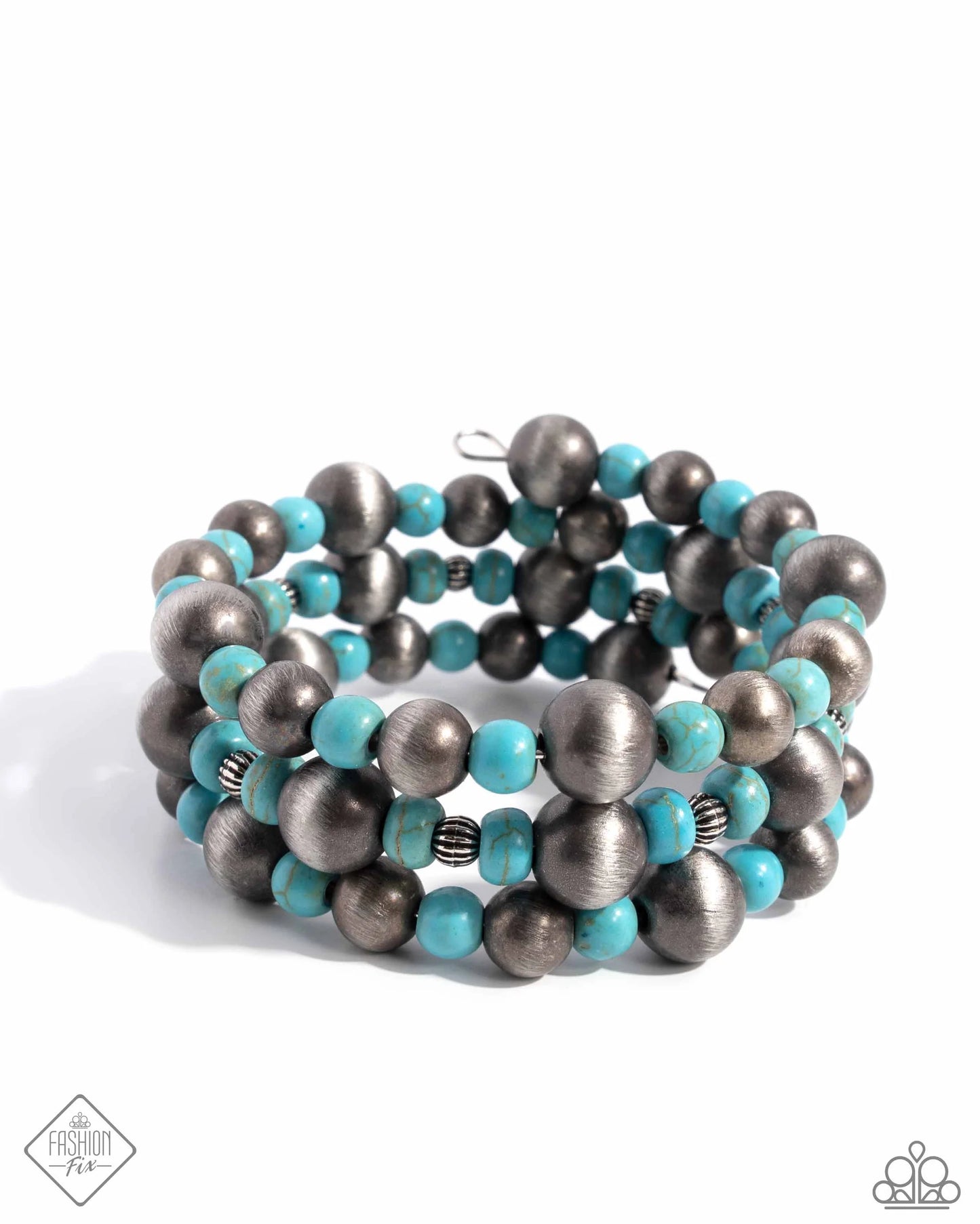 Desert Demand - Blue Beads, Navajo Pearls, & Silver Beaded paparazzi Coil Bracelet