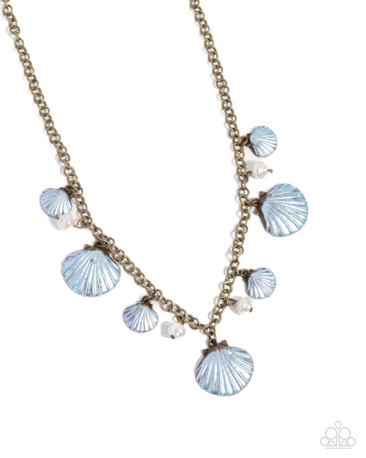 Seashell Sophistication - Brass Chain/White Pearls/Blue Seashells Paparazzi Necklace & matching earrings