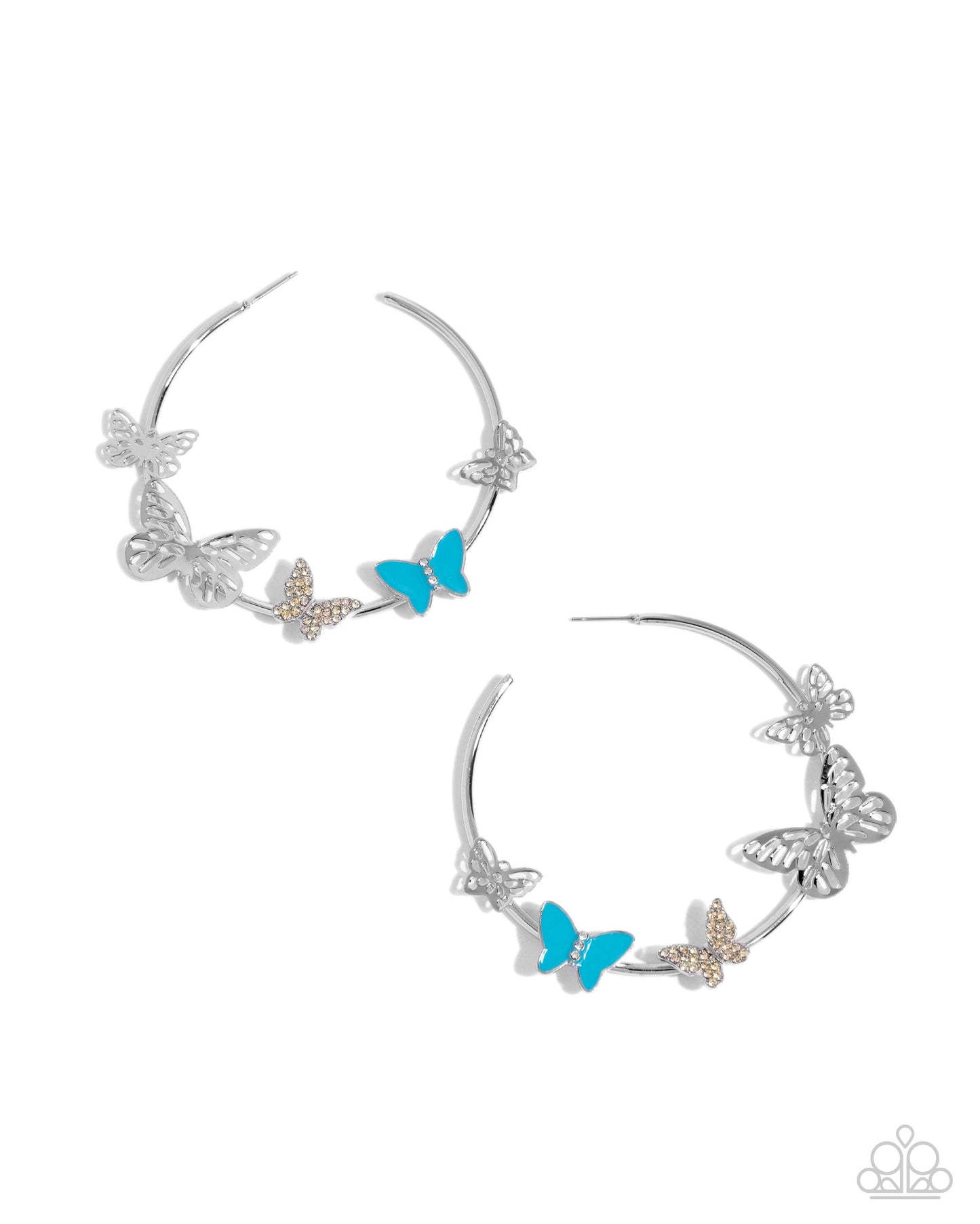 Aerial Allegiance - Multicolored Rhinestones/Blue Painted Silver Butterflies Paparazzi Hoop Earrings