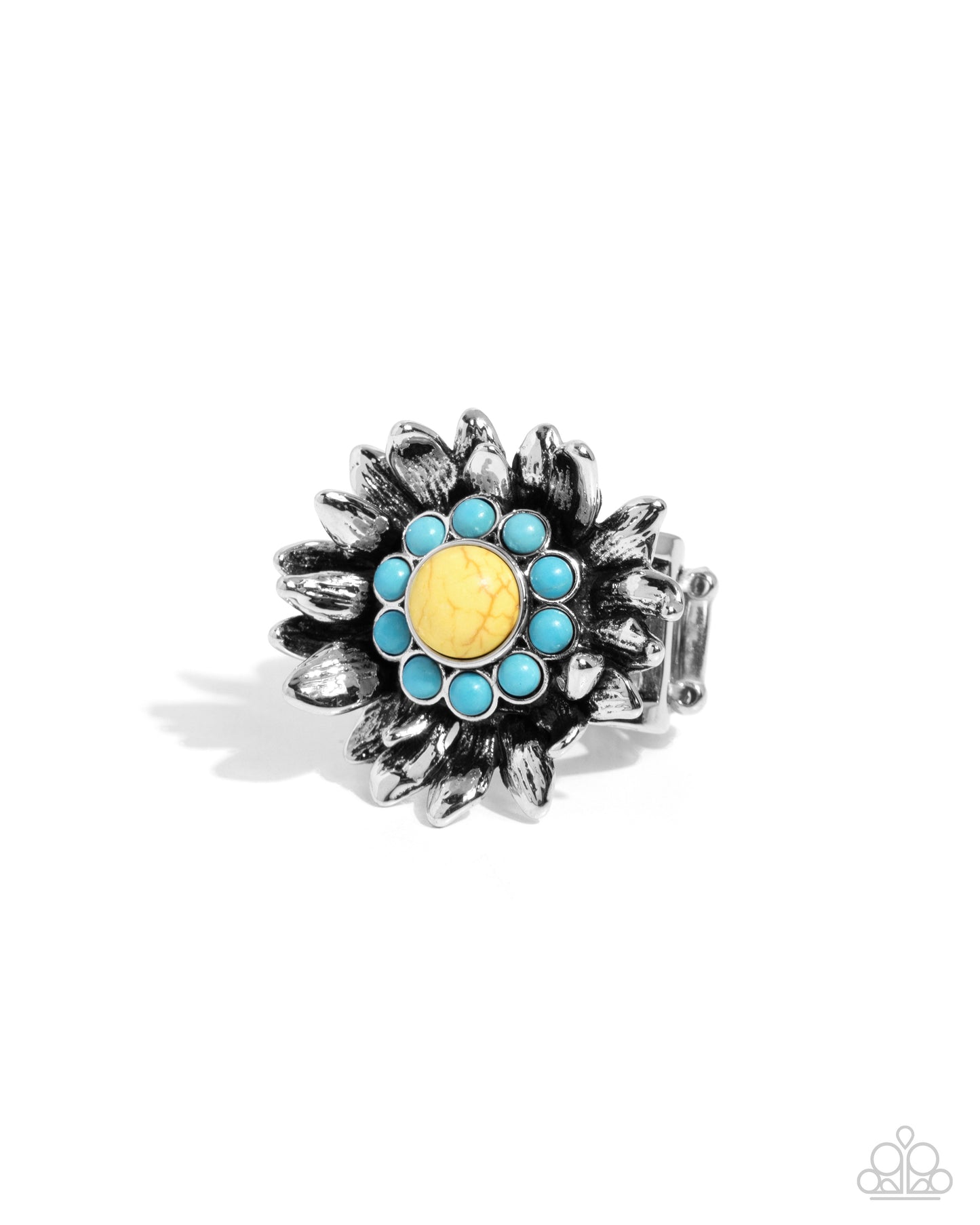 Screening Sunflower - Yellow & Blue Beaded Flower Paparazzi Ring