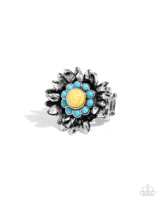 Screening Sunflower - Yellow & Blue Beaded Flower Paparazzi Ring