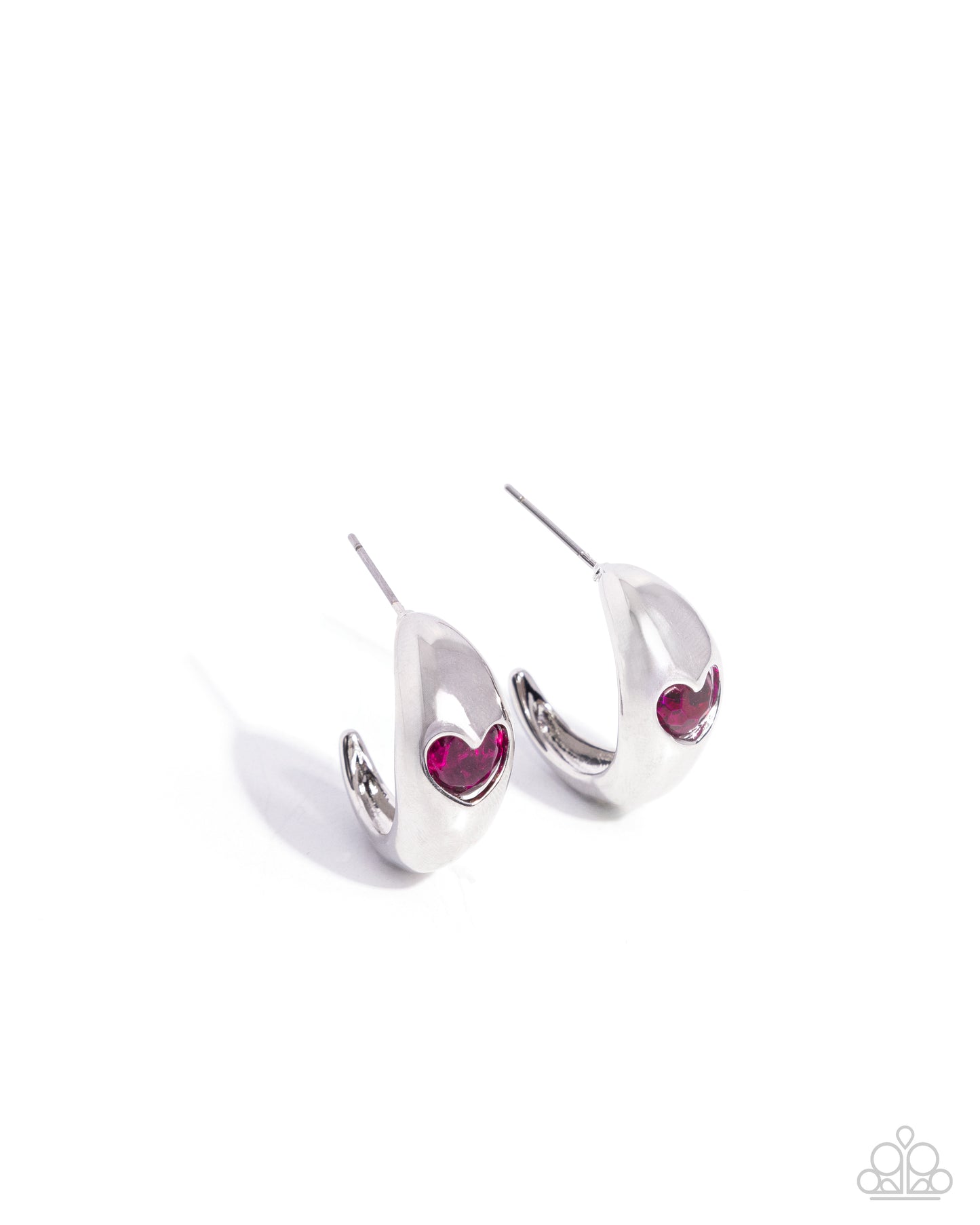 Perfect Point - Pink Faceted Heart Gem/Silver Hoop Paparazzi Earrings