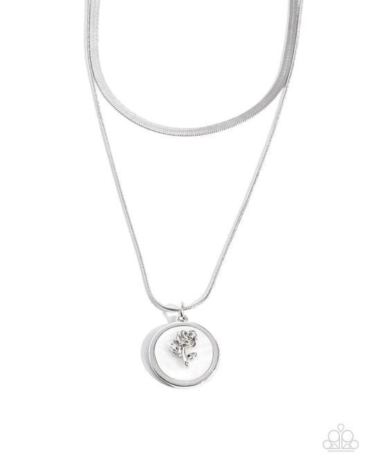 Garden Gallery - White Shell/Silver Rose Pendant Paparazzi Necklace & matching earrings