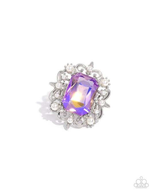 Framed Flourish - Purple UV Gem, White Pearls, & Silver Filigree Paparazzi Ring