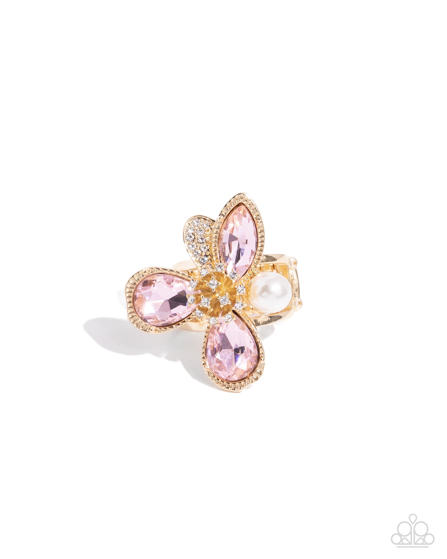 FLORAL Excellence - Pink Gems, White Rhinestone, & Abstract Gold Flower Paparazzi Ring