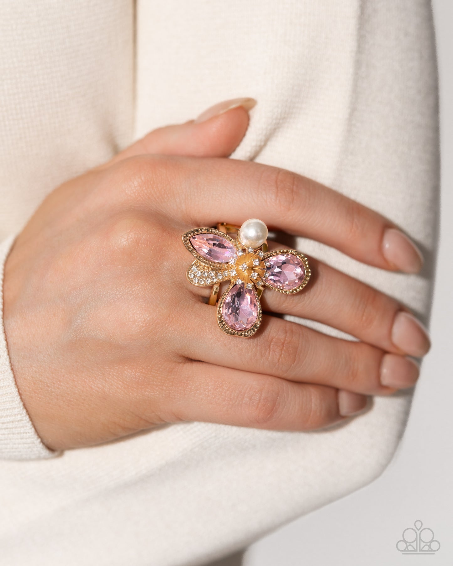 FLORAL Excellence - Pink Gems, White Rhinestone, & Abstract Gold Flower Paparazzi Ring