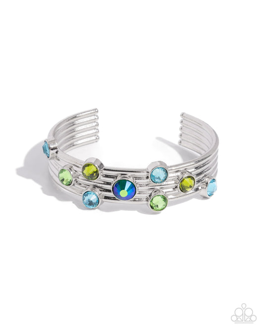 Majestic Medallions - Green & Blue Gems/Thick Silver Cuff Paparazzi Bracelet