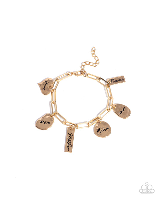 First-Time Mom - Gold Paperclip Chain & Mom Inspired Charms Paparazzi Tennis Bracelet