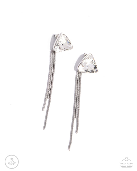 Candescent Class - White Triangular Gem & Silver Snake Chain Paparazzi Earrings