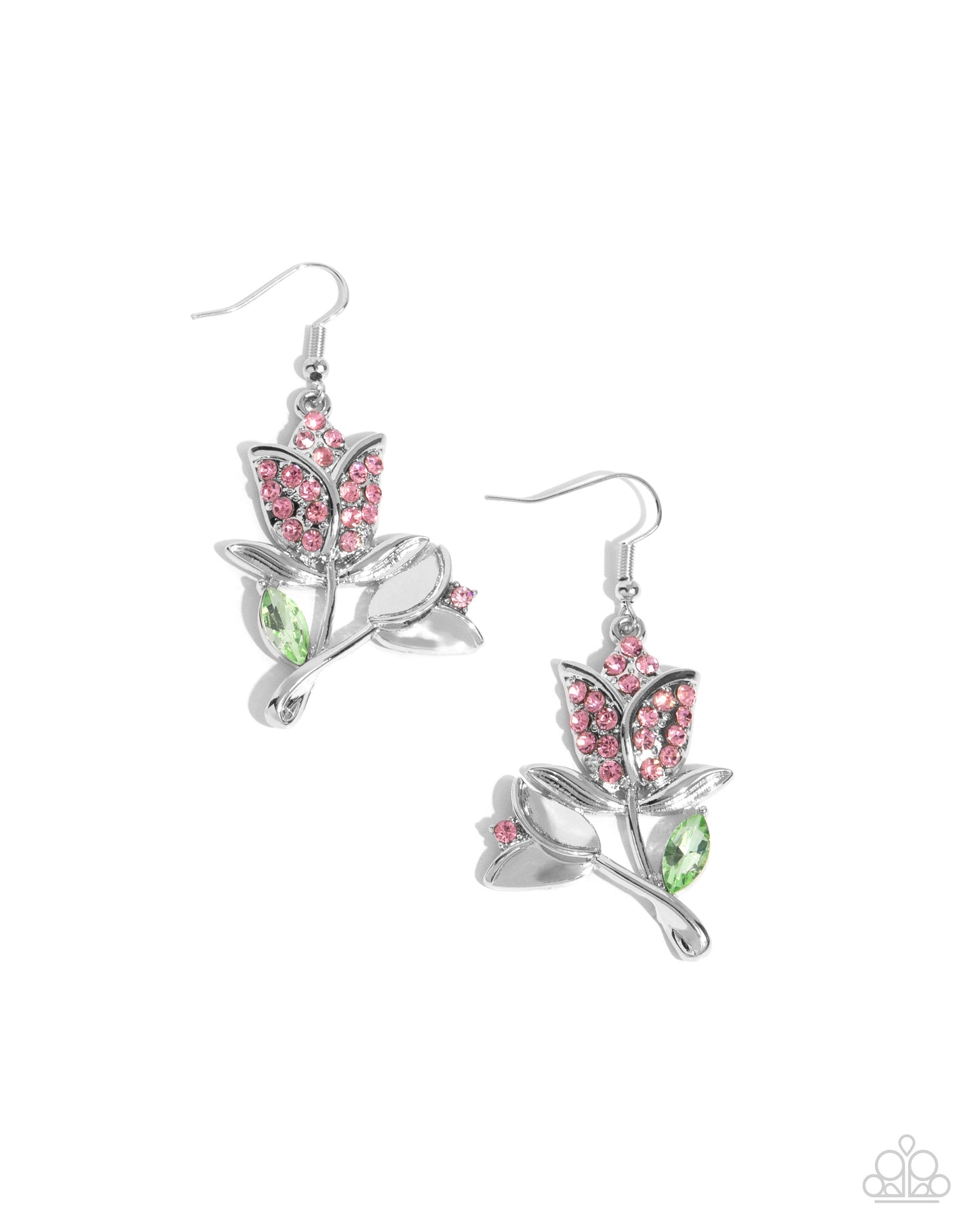 Tulip Tradition - Pink Rhinestones & Green Gem Tulip Paparazzi Earrings