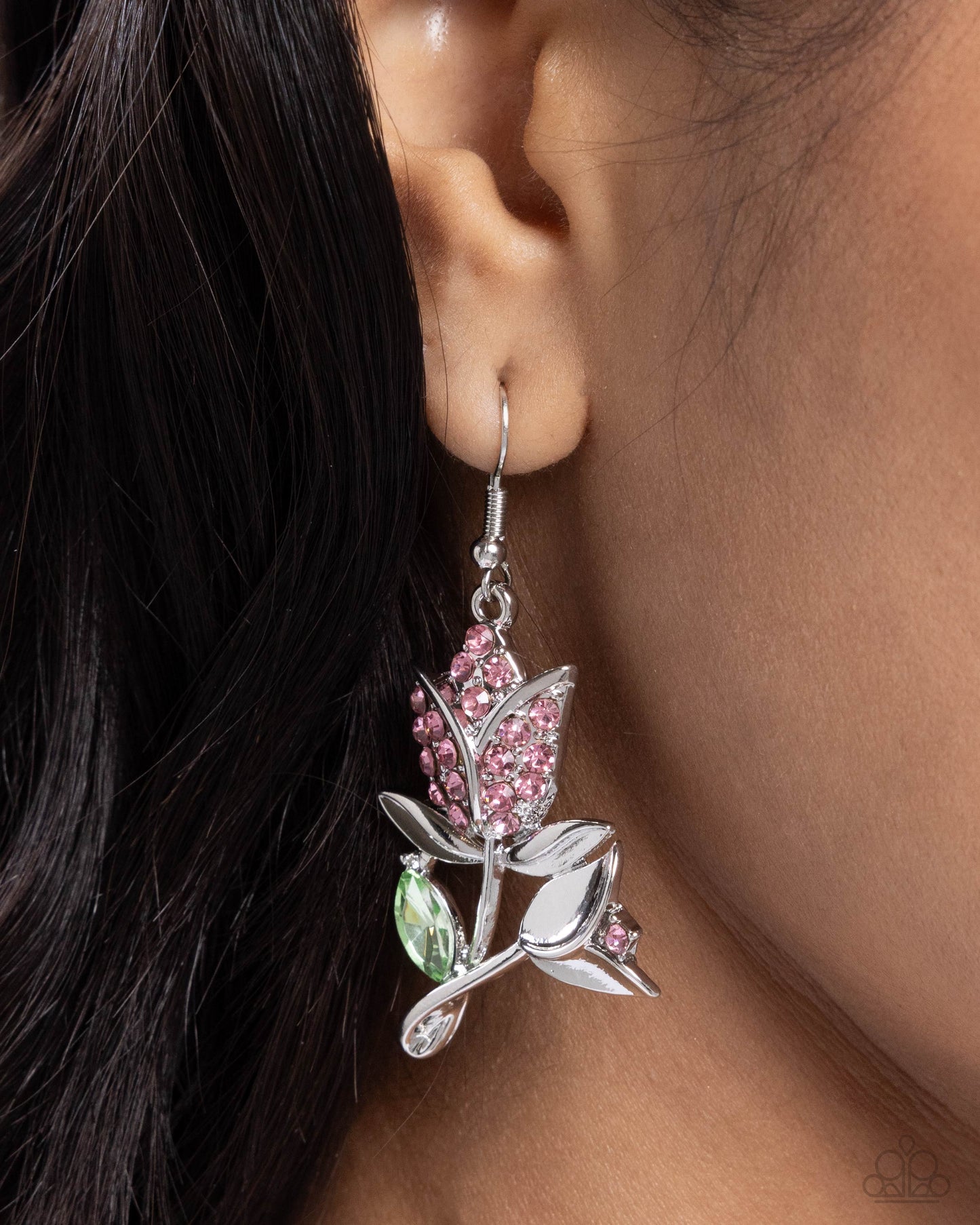 Tulip Tradition - Pink Rhinestones & Green Gem Tulip Paparazzi Earrings