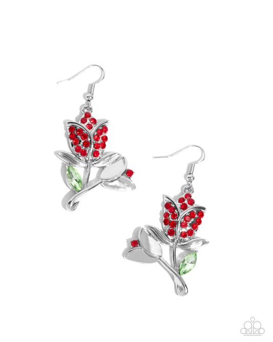 Tulip Tradition - Red Rhinestones & Green Gem Tulip Paparazzi Earrings