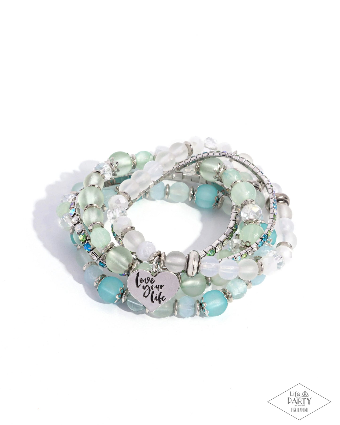 Optimistic Opulence - Multi Green, Blue, and White Bead "Love Your Life" Inspirational Paparazzi Stretch Bracelet