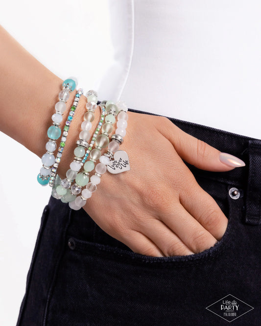 Optimistic Opulence - Multi Green, Blue, and White Bead "Love Your Life" Inspirational Paparazzi Stretch Bracelet