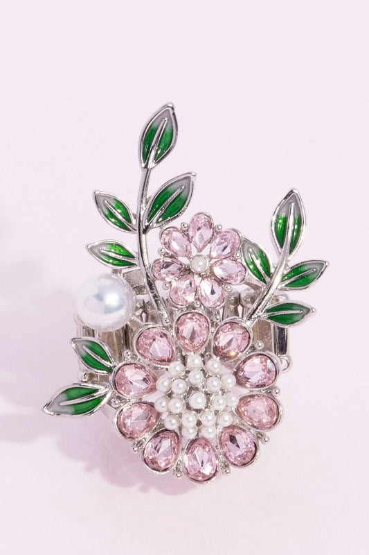 Budding Bling - Pink Flower and Leaf Paparazzi Ring - August 2024 Life of The Party