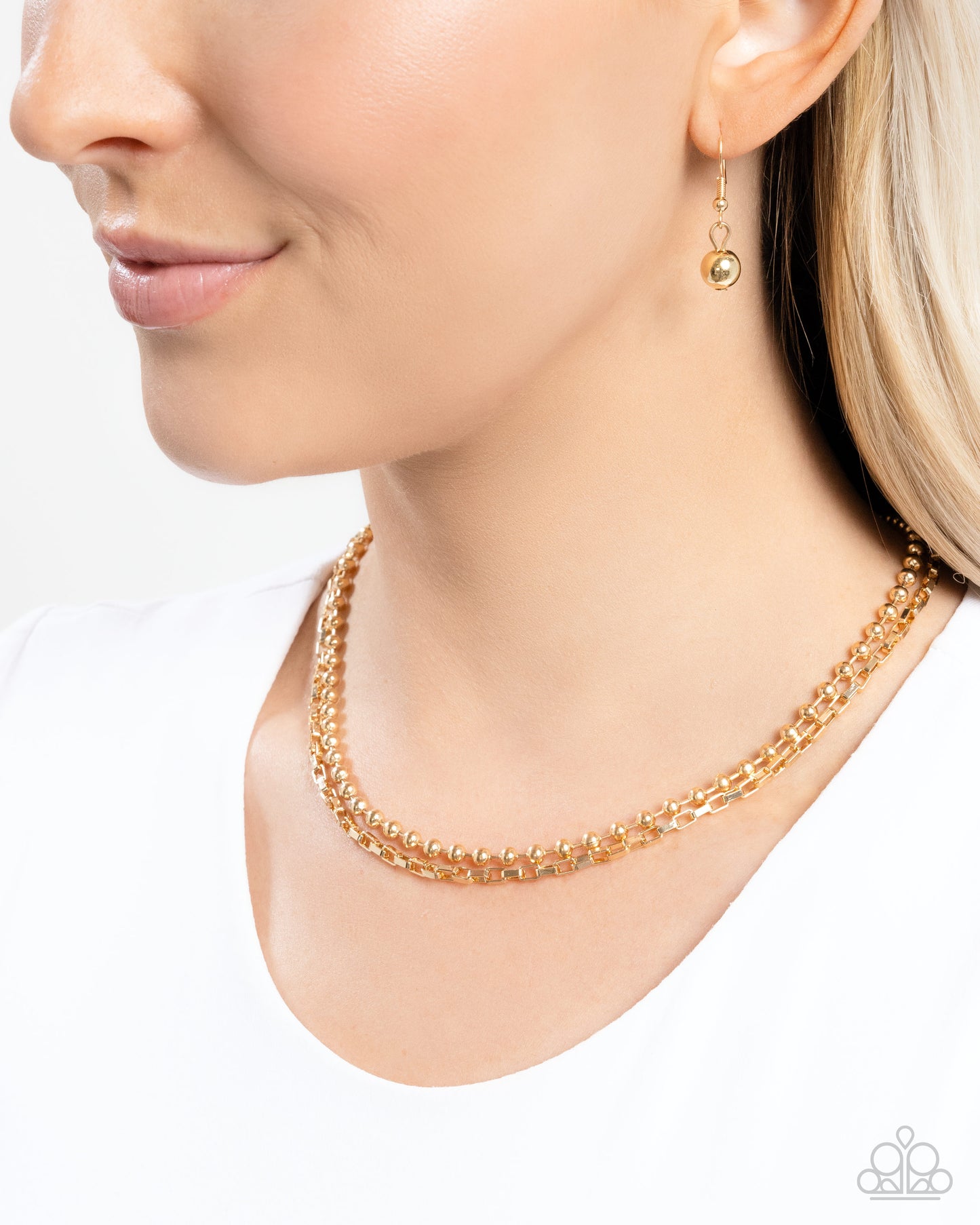 Laidback Layers - Gold Ball Chain/Gold Rectangle Links Paparazzi Necklace & matching earrings