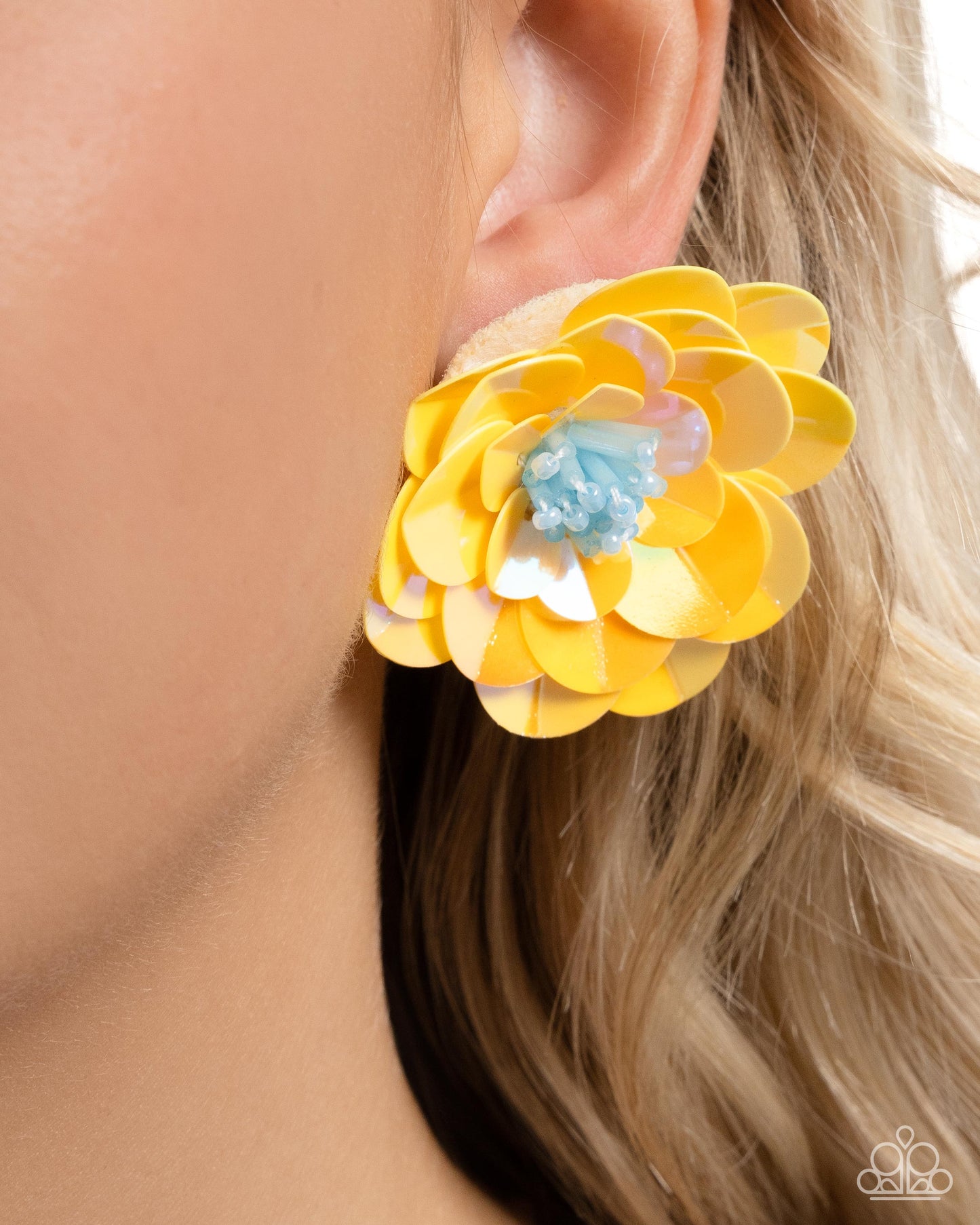 Floating Florals - Yellow Iridescent Acrylic Disc Flower Paparazzi Earrings